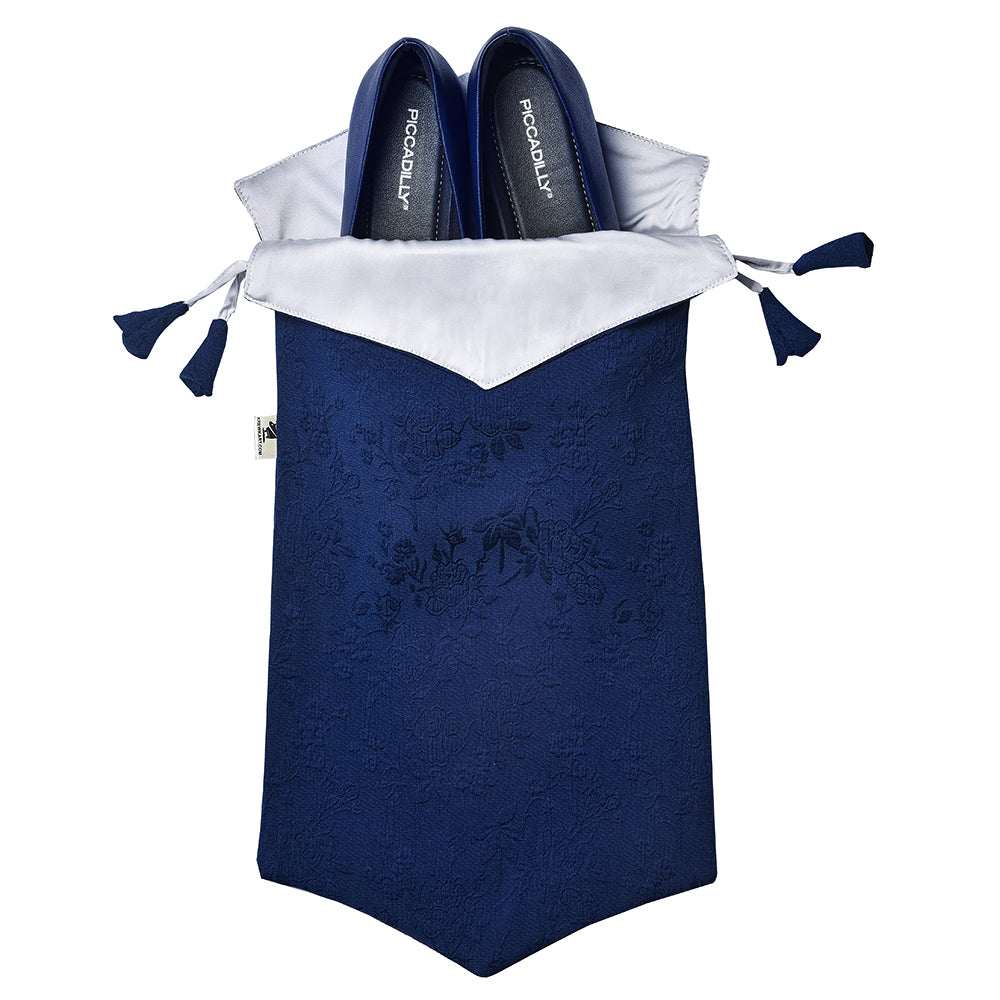 Elegant Fabric Drawstring Shoe Pouch - Self Print Dark Blue