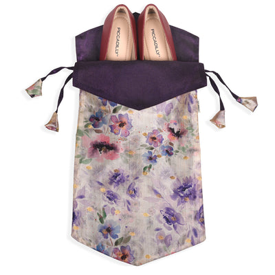 Elegant Fabric Drawstring Shoe Pouch - Lilac Floral